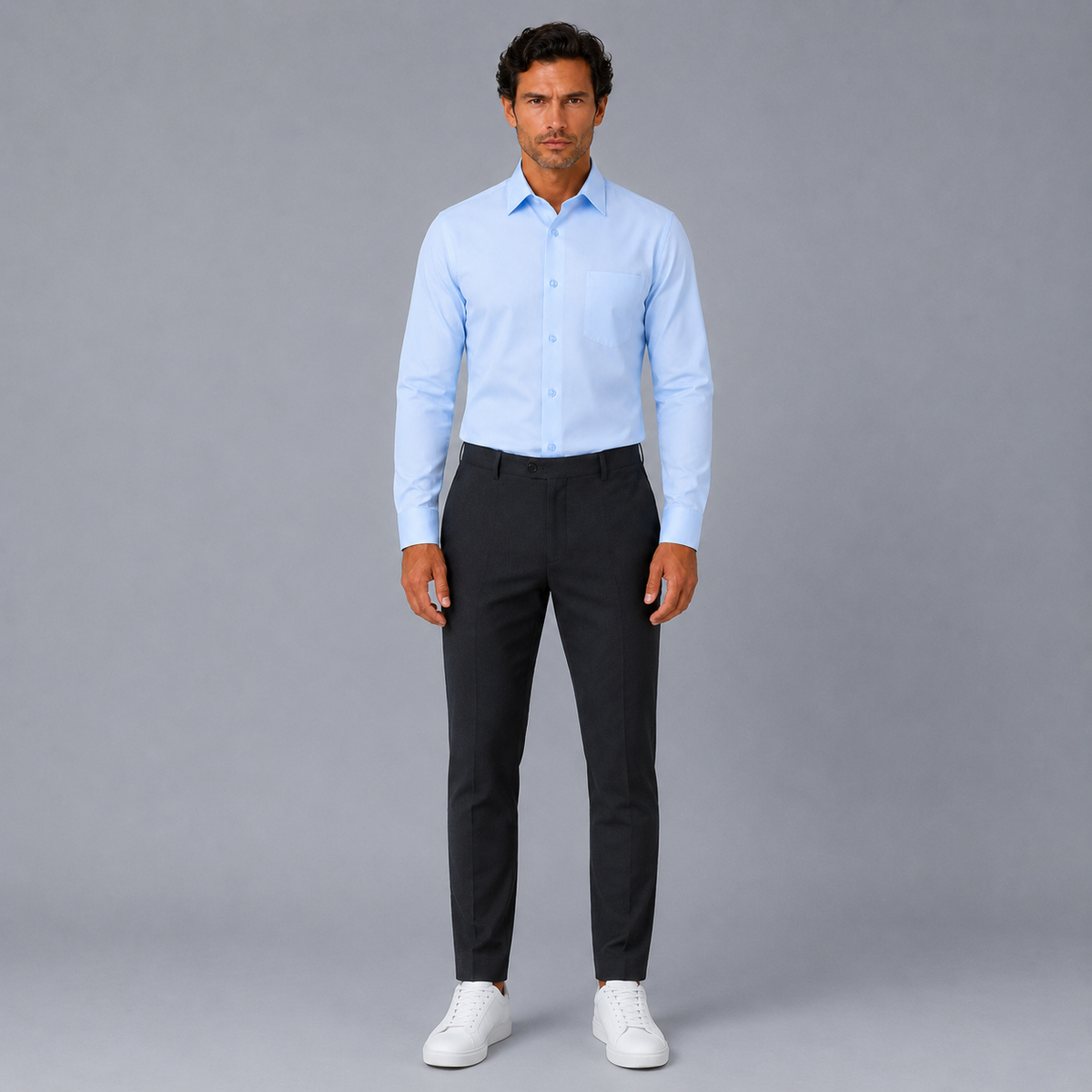 Men's 100% Cotton Blue Regular Fit Dress Shirt Black Canvas