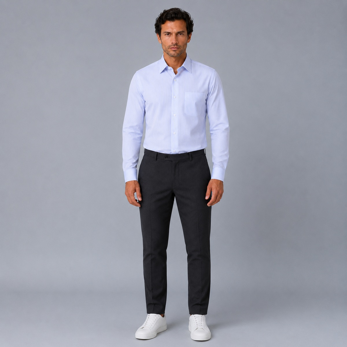 Men's 100% Cotton Blue Striped Regular Fit Dress Shirt Black Canvas