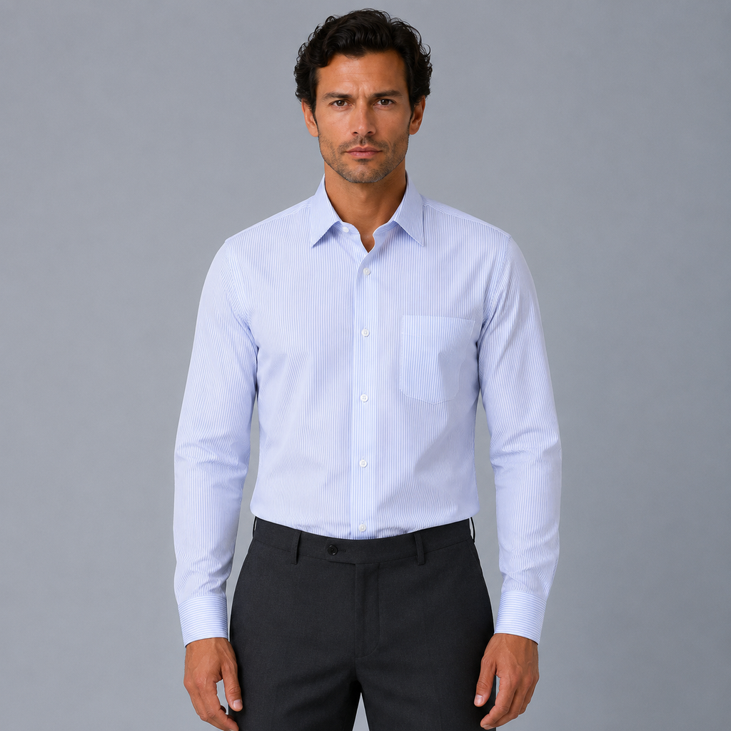 Men's 100% Cotton Blue Striped Regular Fit Dress Shirt Black Canvas