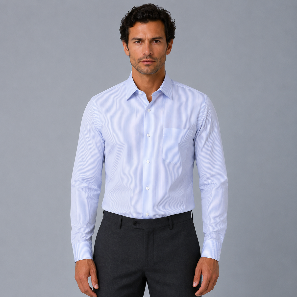 Men's 100% Cotton Blue Striped Regular Fit Dress Shirt Black Canvas