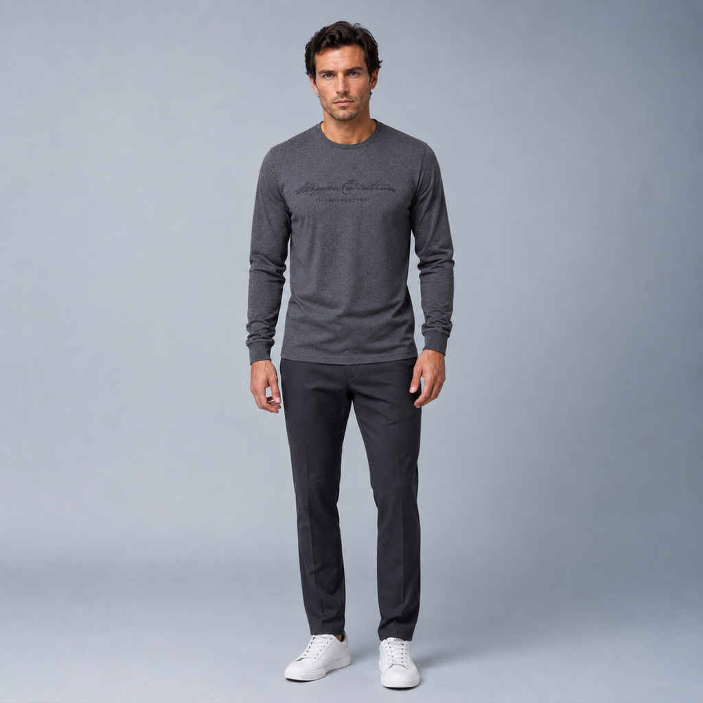 Men's 100% Cotton Letter Print Long Sleeve Tee Black Canvas