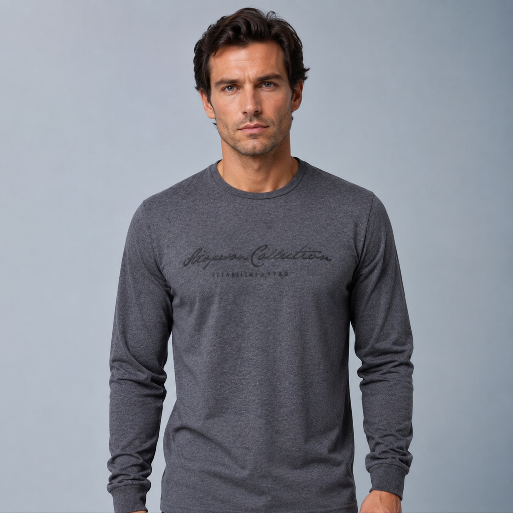 Men's 100% Cotton Letter Print Long Sleeve Tee Black Canvas