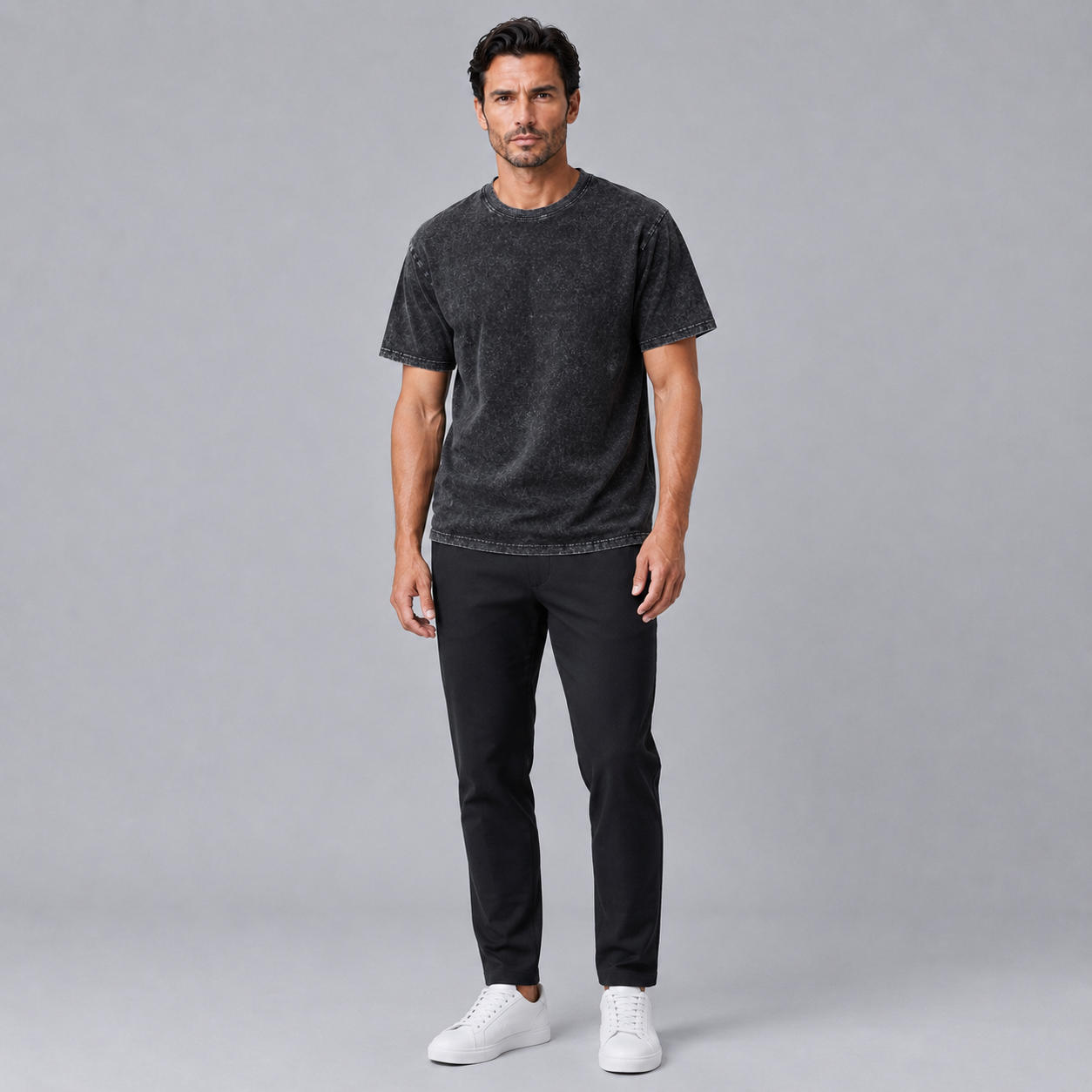 Men's 100% Cotton Wash Crew Neck T-Shirt Black Canvas Image