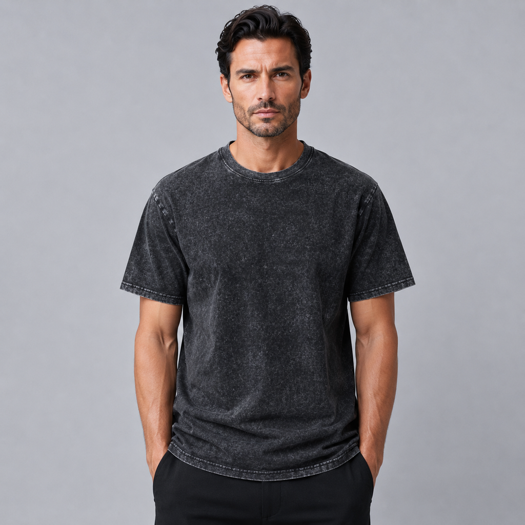 Men's 100% Cotton Wash Crew Neck T-Shirt Black Canvas