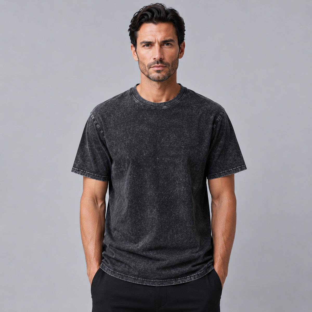 Men's 100% Cotton Wash Crew Neck T-Shirt Black Canvas