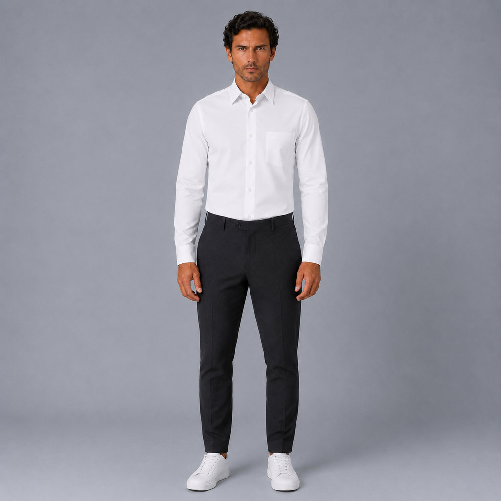 Men's 100% Cotton White Regular Dress Shirt Black Canvas