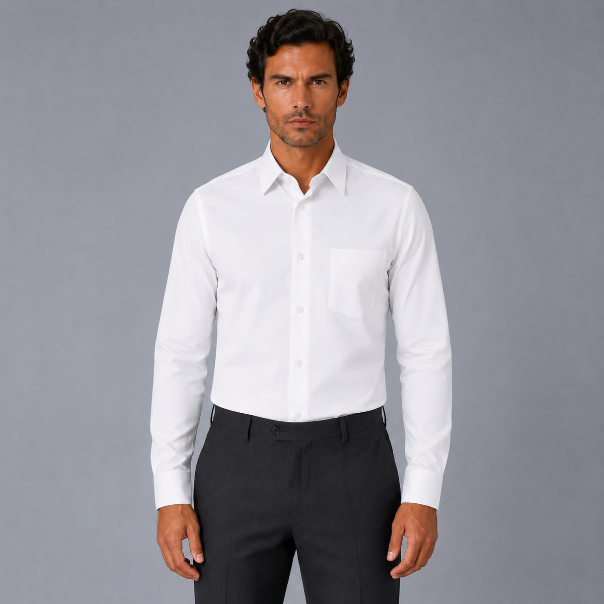 Men's 100% Cotton White Regular Dress Shirt Black Canvas