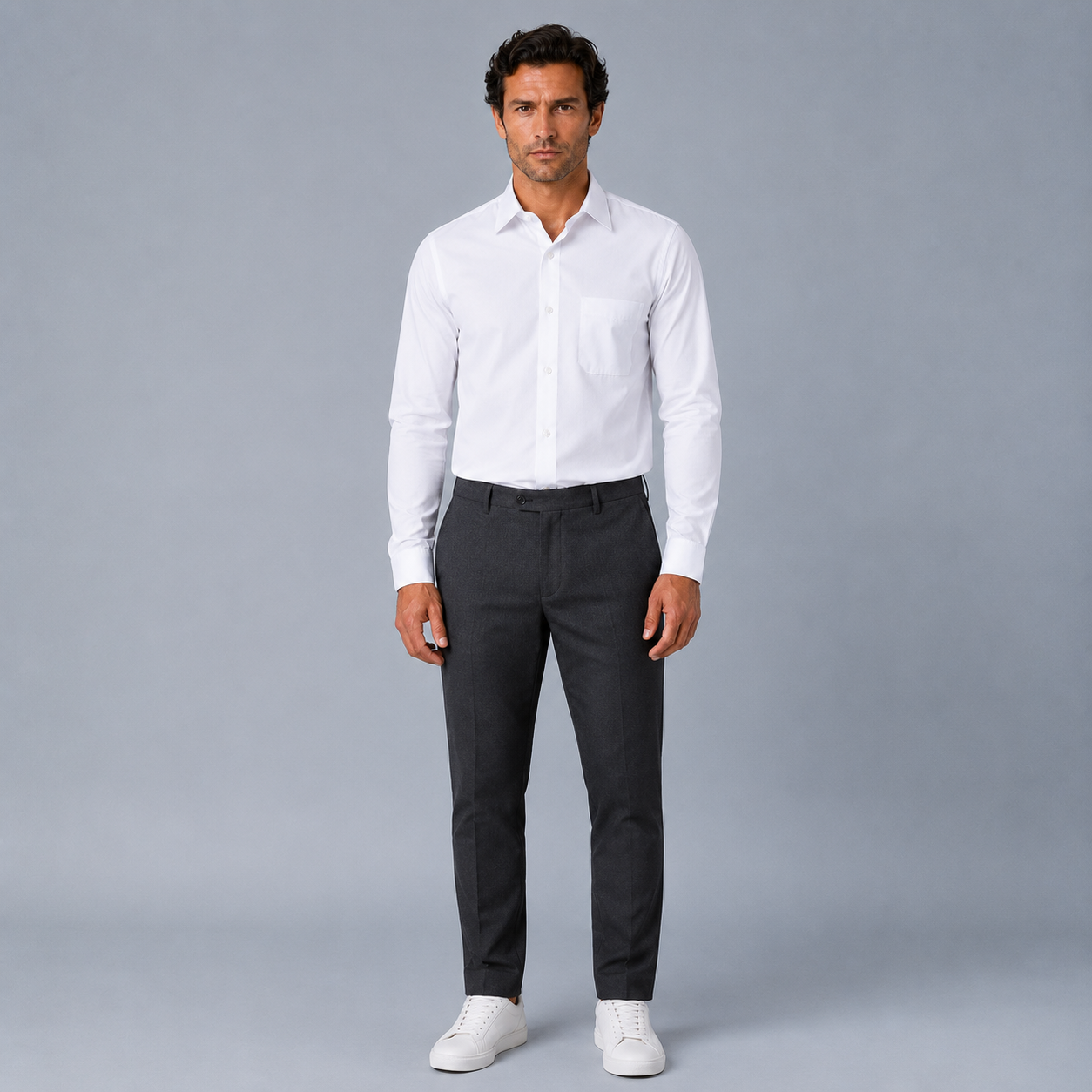 Men's 100% Cotton White Regular Fit Dress Shirt Black Canvas Image