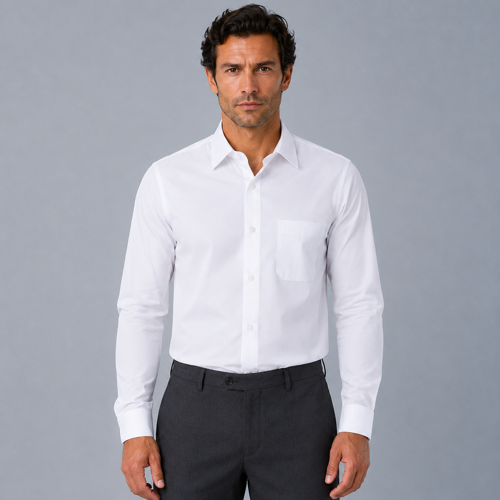 Men's 100% Cotton White Regular Fit Dress Shirt Black Canvas