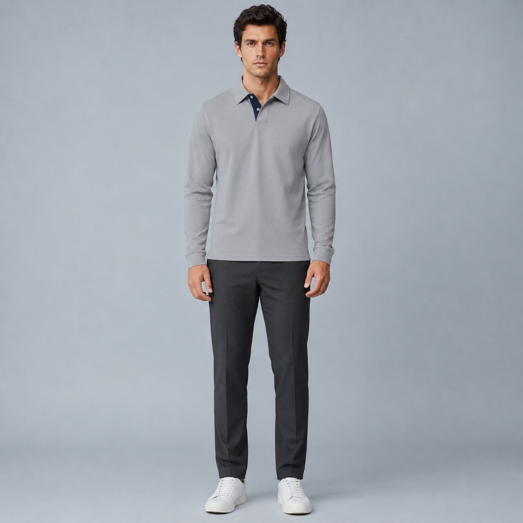 Men's 95% Cotton Long Sleeve Polo T-Shirt Black Canvas