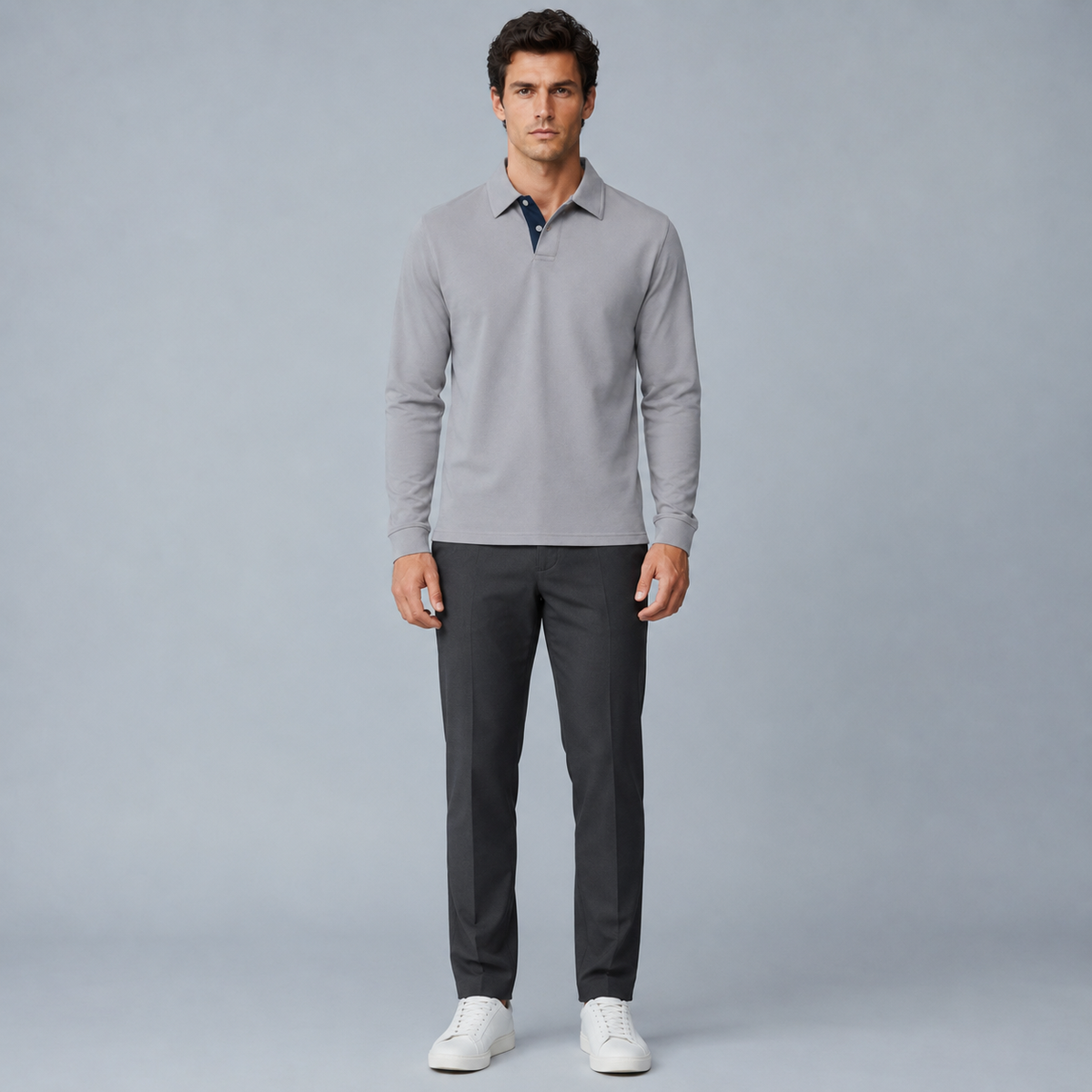 Men's 95% Cotton Long Sleeve Polo T-Shirt Black Canvas