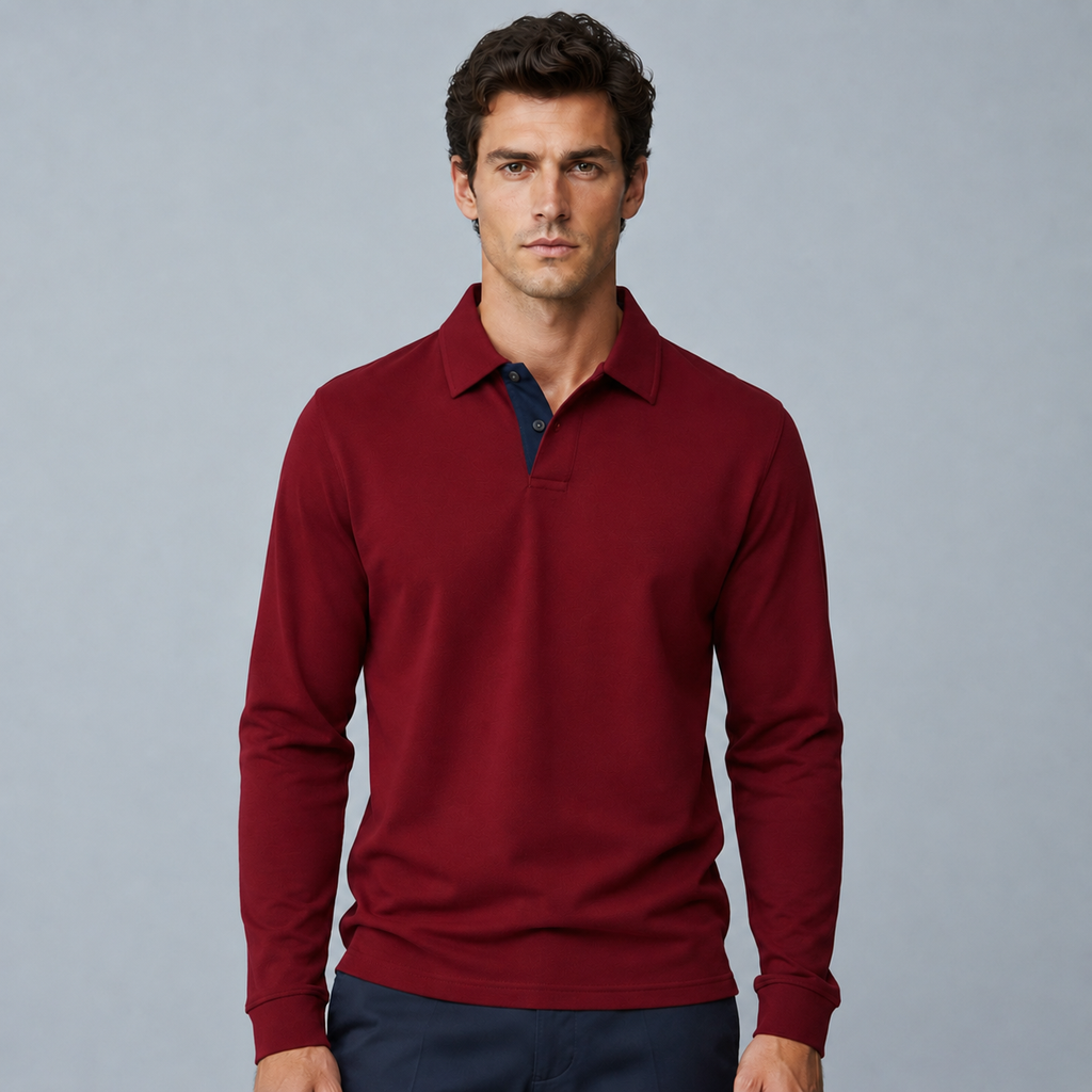 Men's 95% Cotton Long Sleeve Polo T-Shirt Black Canvas