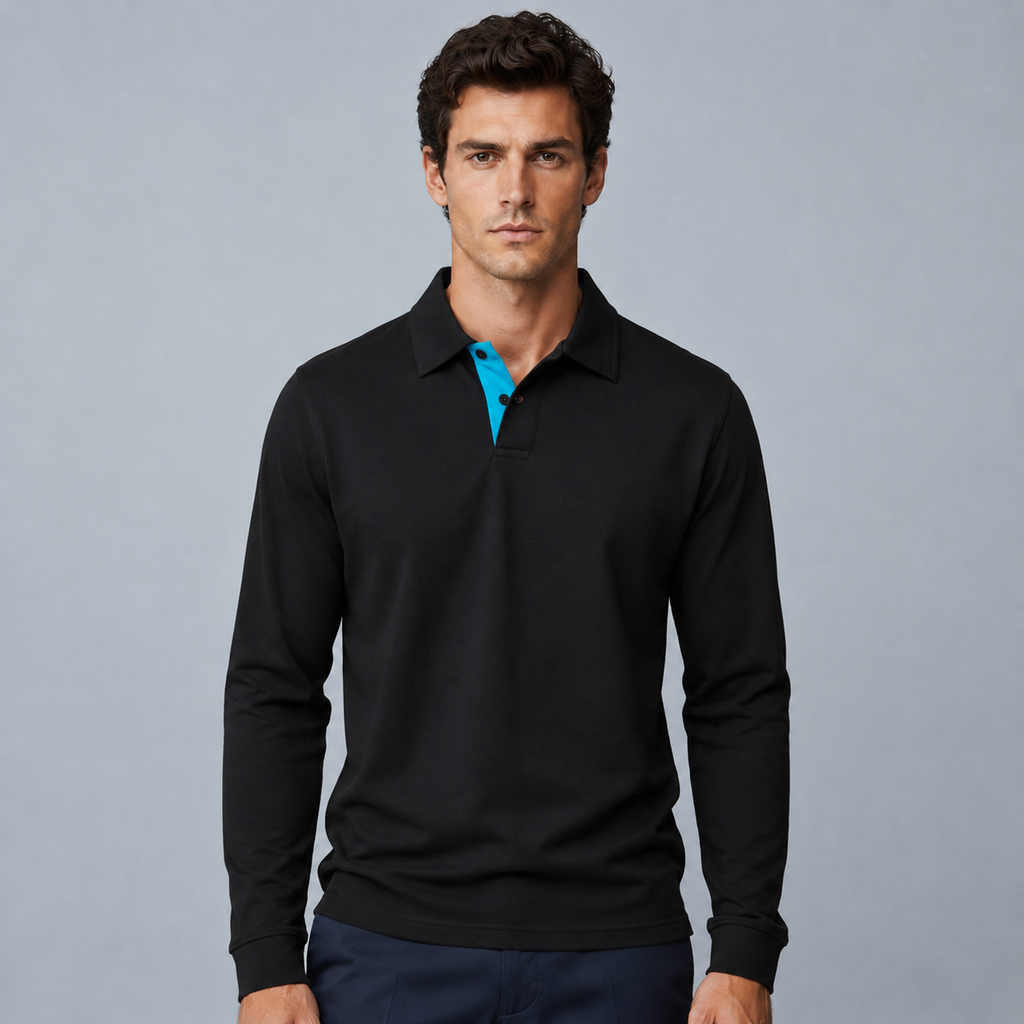 Men's 95% Cotton Long Sleeve Polo T-Shirt Black Canvas