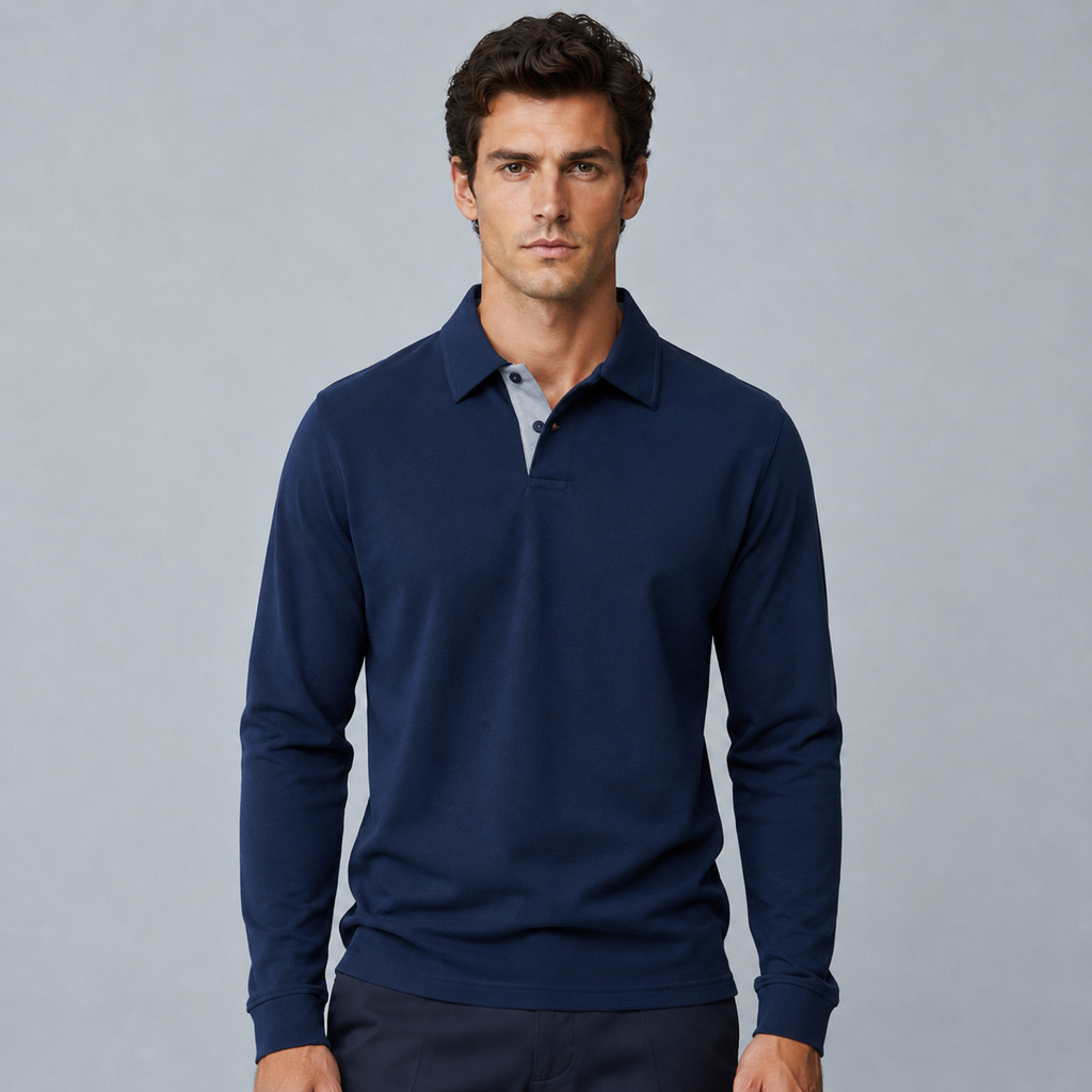 Men's 95% Cotton Long Sleeve Polo T-Shirt Black Canvas