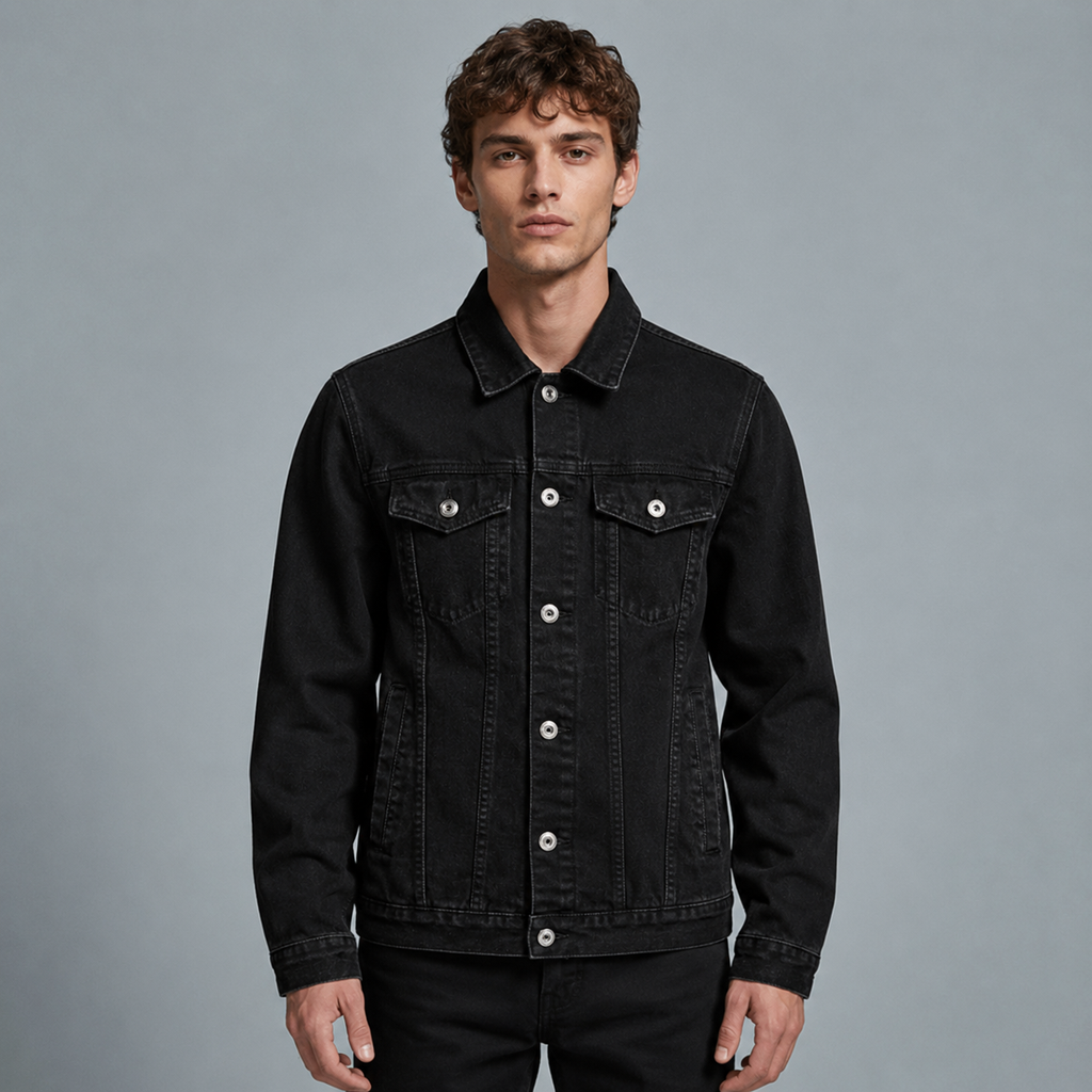 Men's Black Collar Denim Jacket Black Canvas