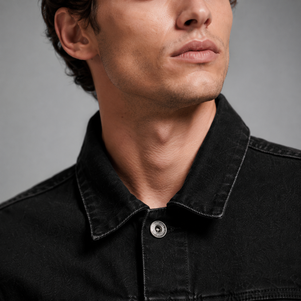 Men's Black Collar Denim Jacket Black Canvas