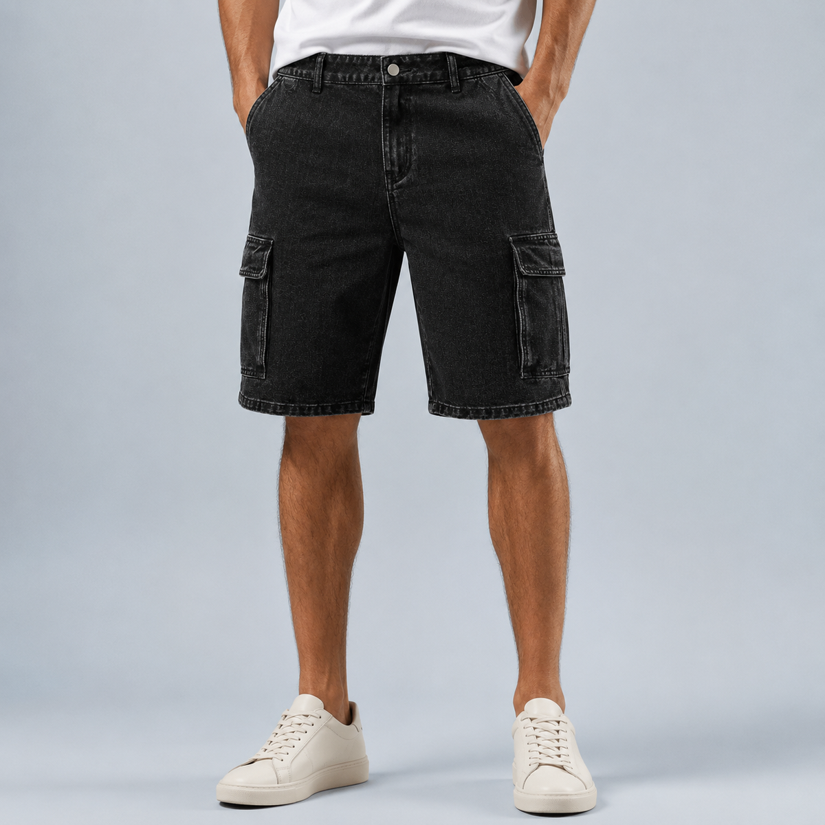 Men's black denim cargo shorts Black Canvas