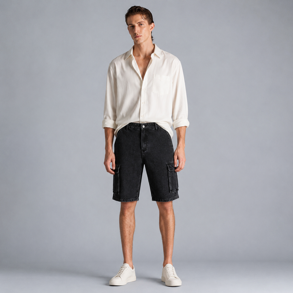Men's black denim cargo shorts Black Canvas