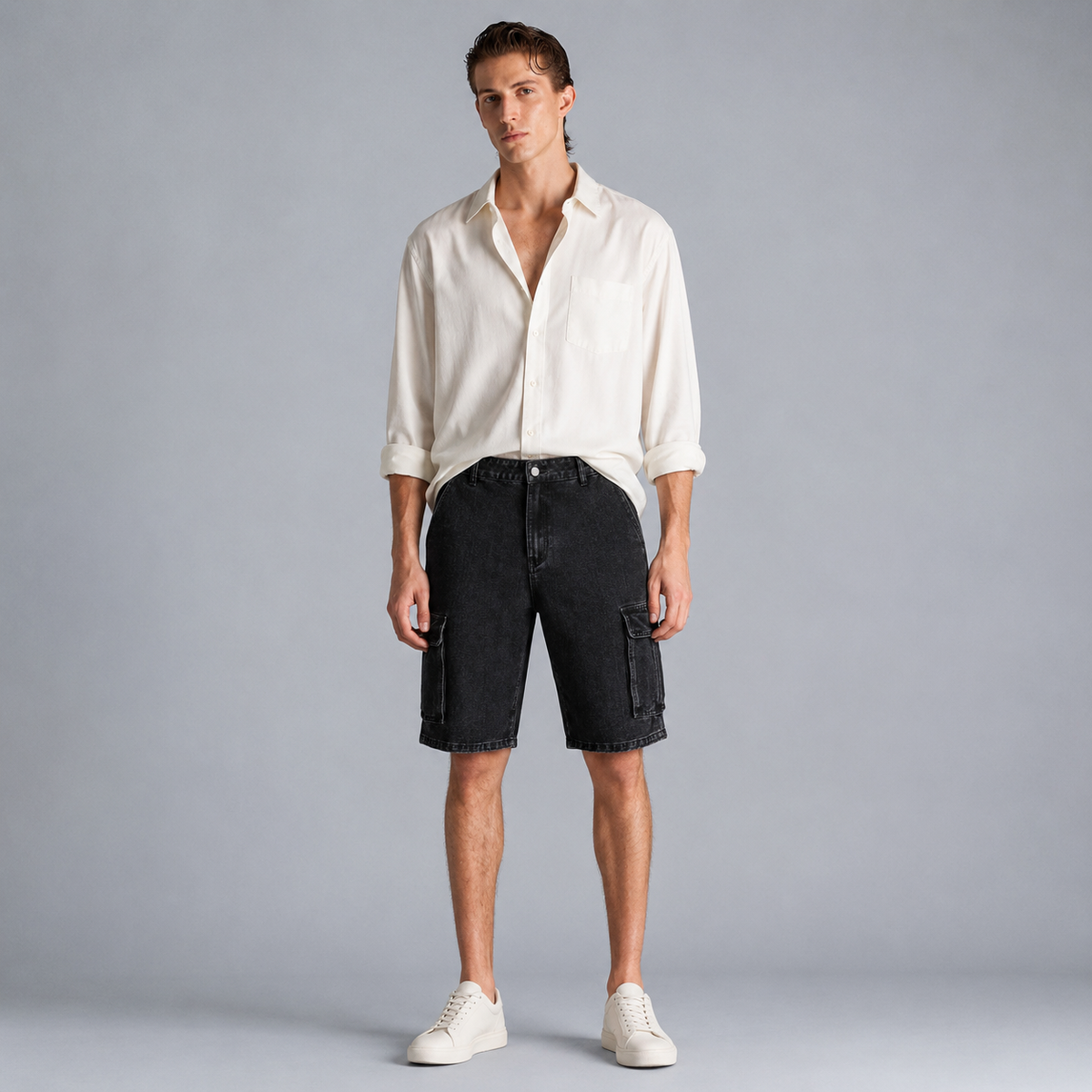 Men's black denim cargo shorts Black Canvas