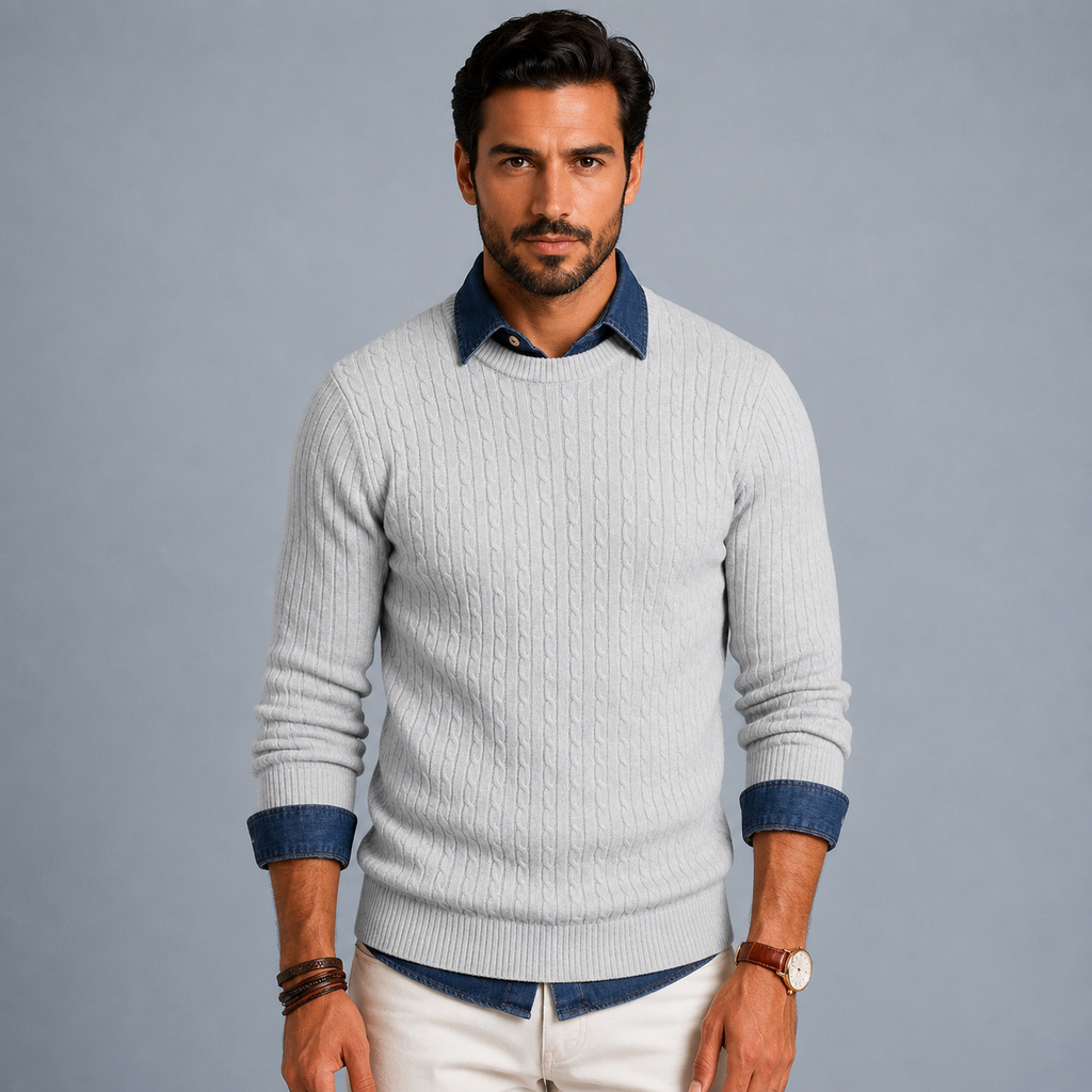 Men's Cable Knit Crew Neck Pullover Jumper Black Canvas