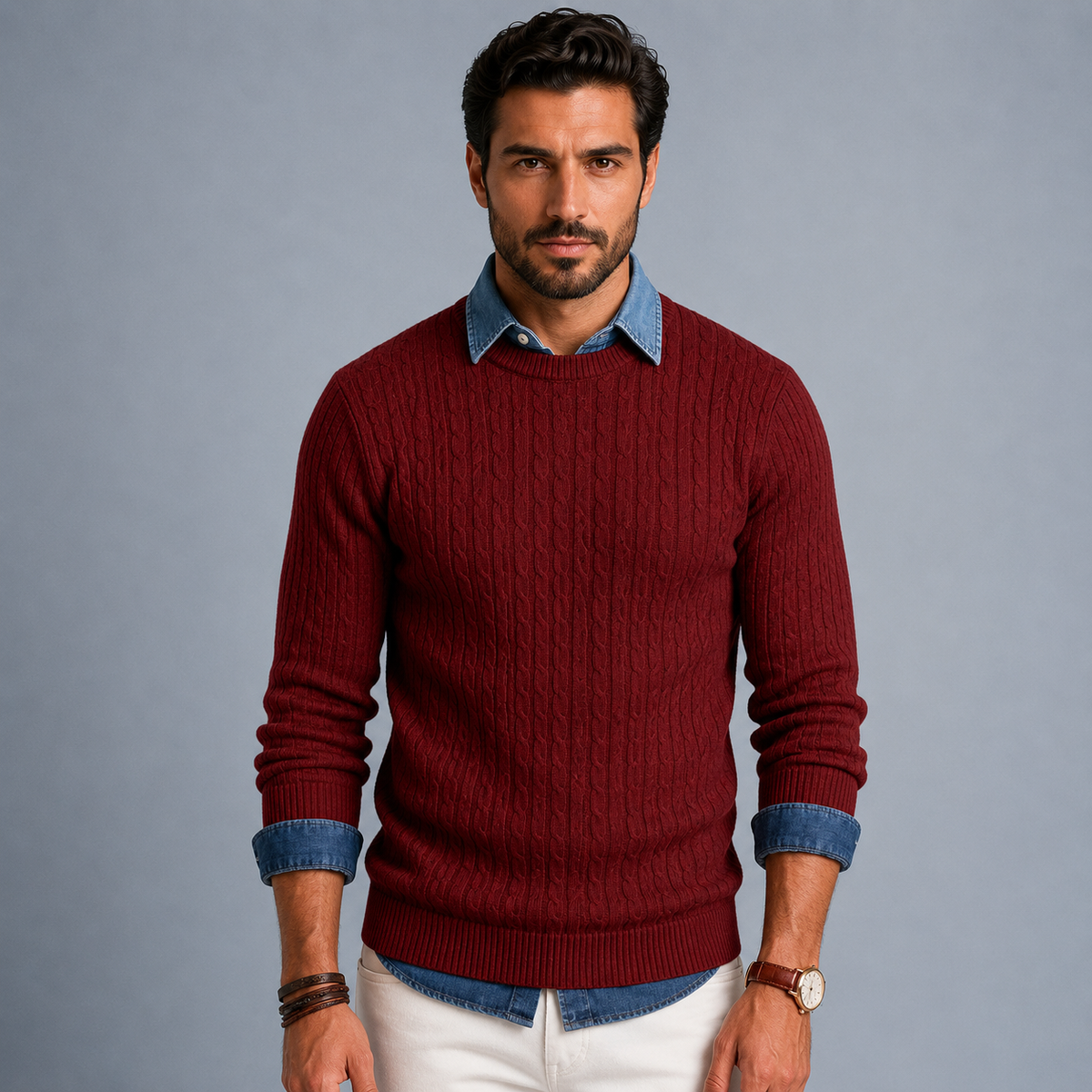 Men's Cable Knit Crew Neck Pullover Jumper Black Canvas