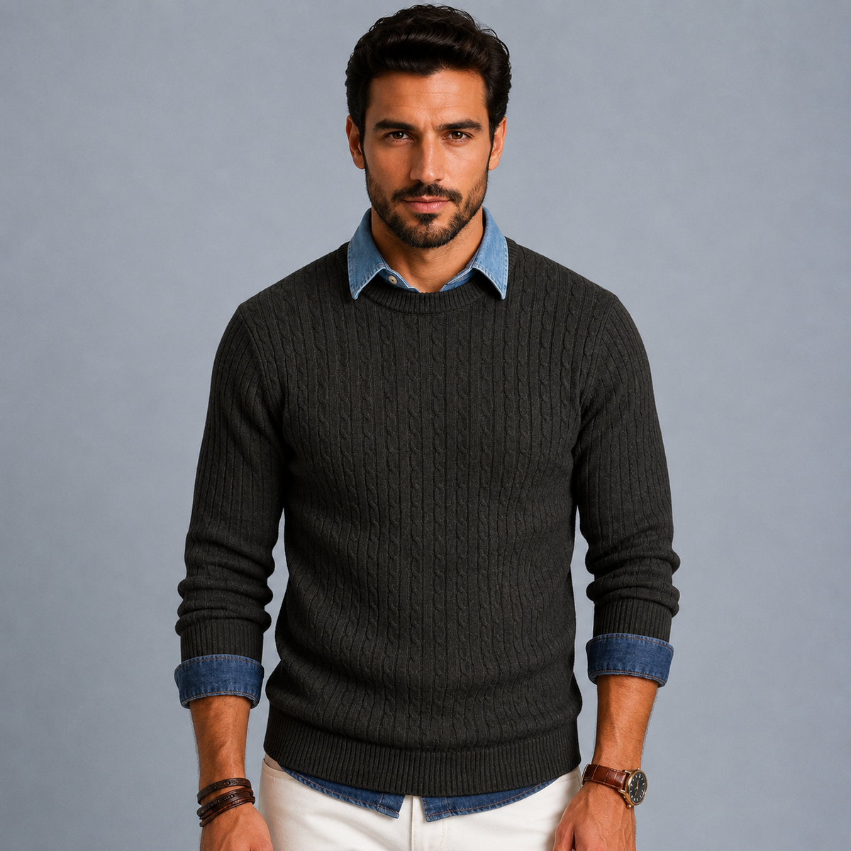 Men's Cable Knit Crew Neck Pullover Jumper Black Canvas