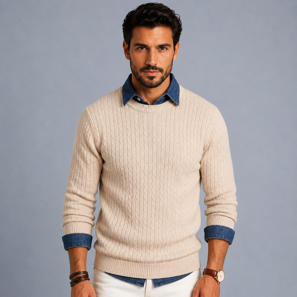 Men's Cable Knit Crew Neck Pullover Jumper Black Canvas