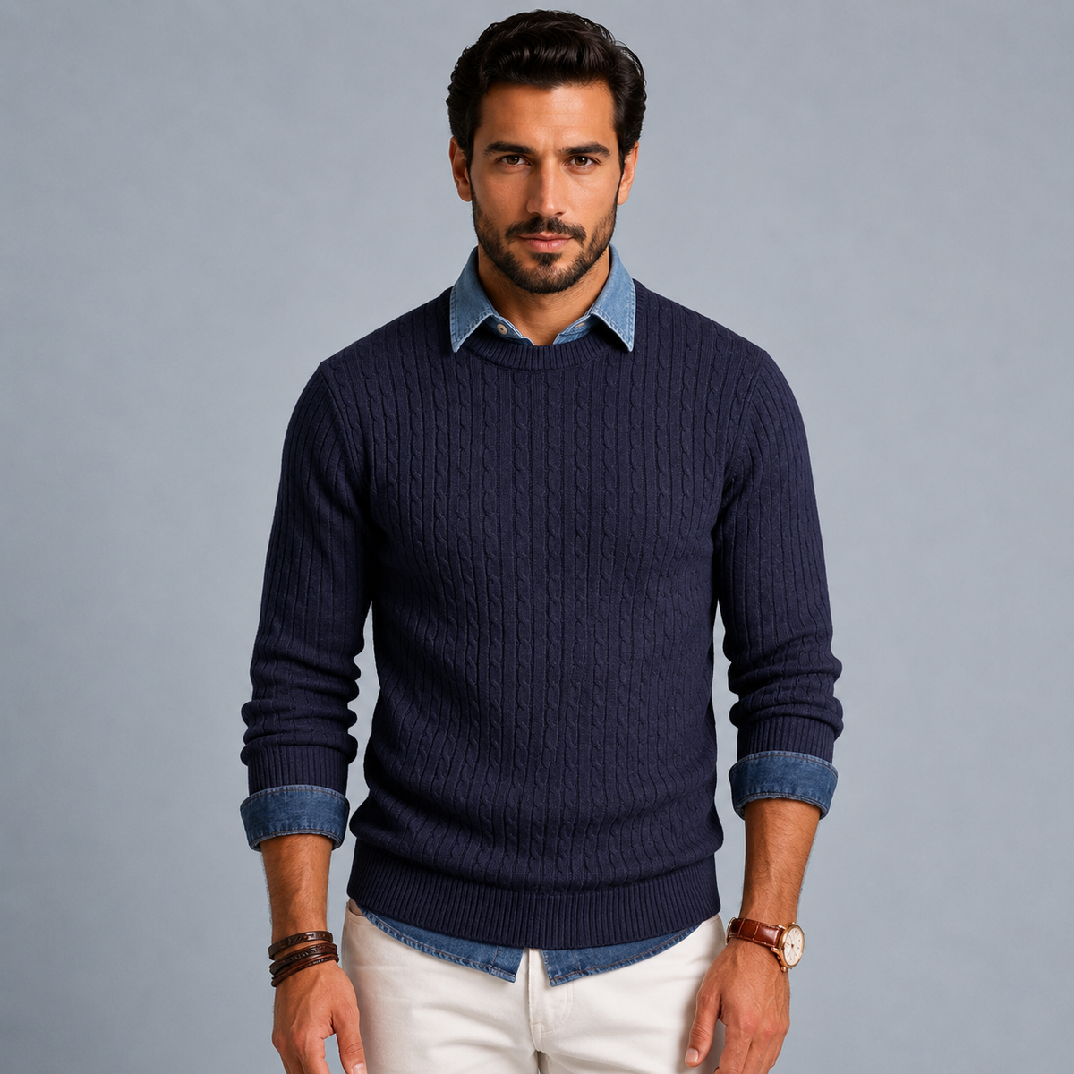 Men's Cable Knit Crew Neck Pullover Jumper Black Canvas