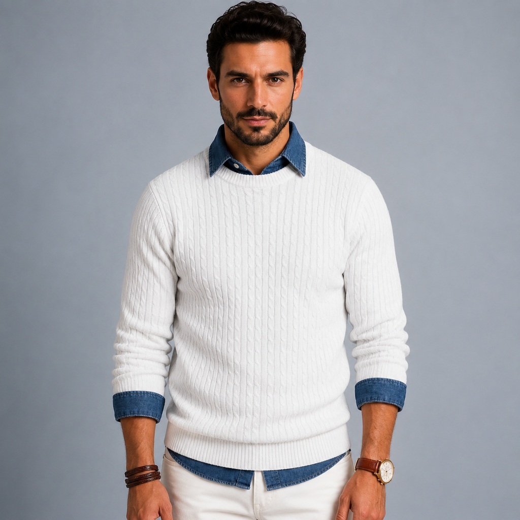 Men's Cable Knit Crew Neck Pullover Jumper Black Canvas