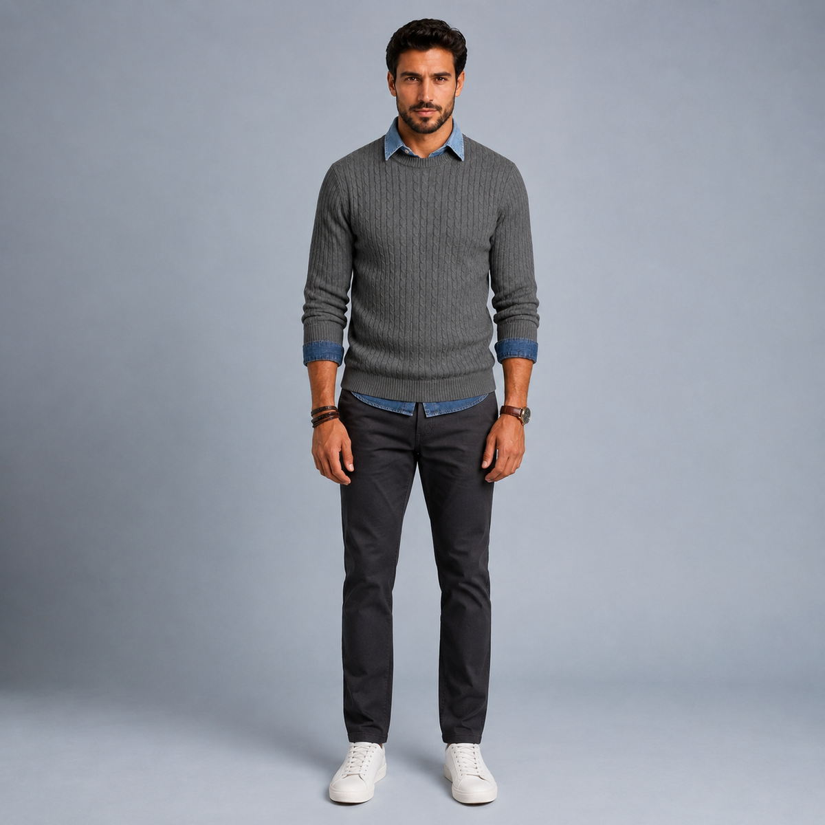 Men's Cable Knit Crew Neck Pullover Jumper Black Canvas