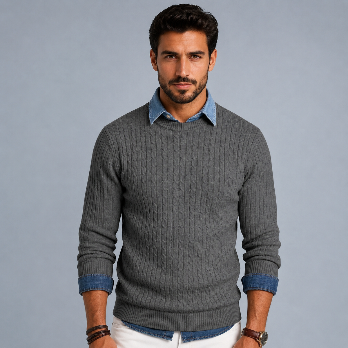 Men's Cable Knit Crew Neck Pullover Jumper Black Canvas