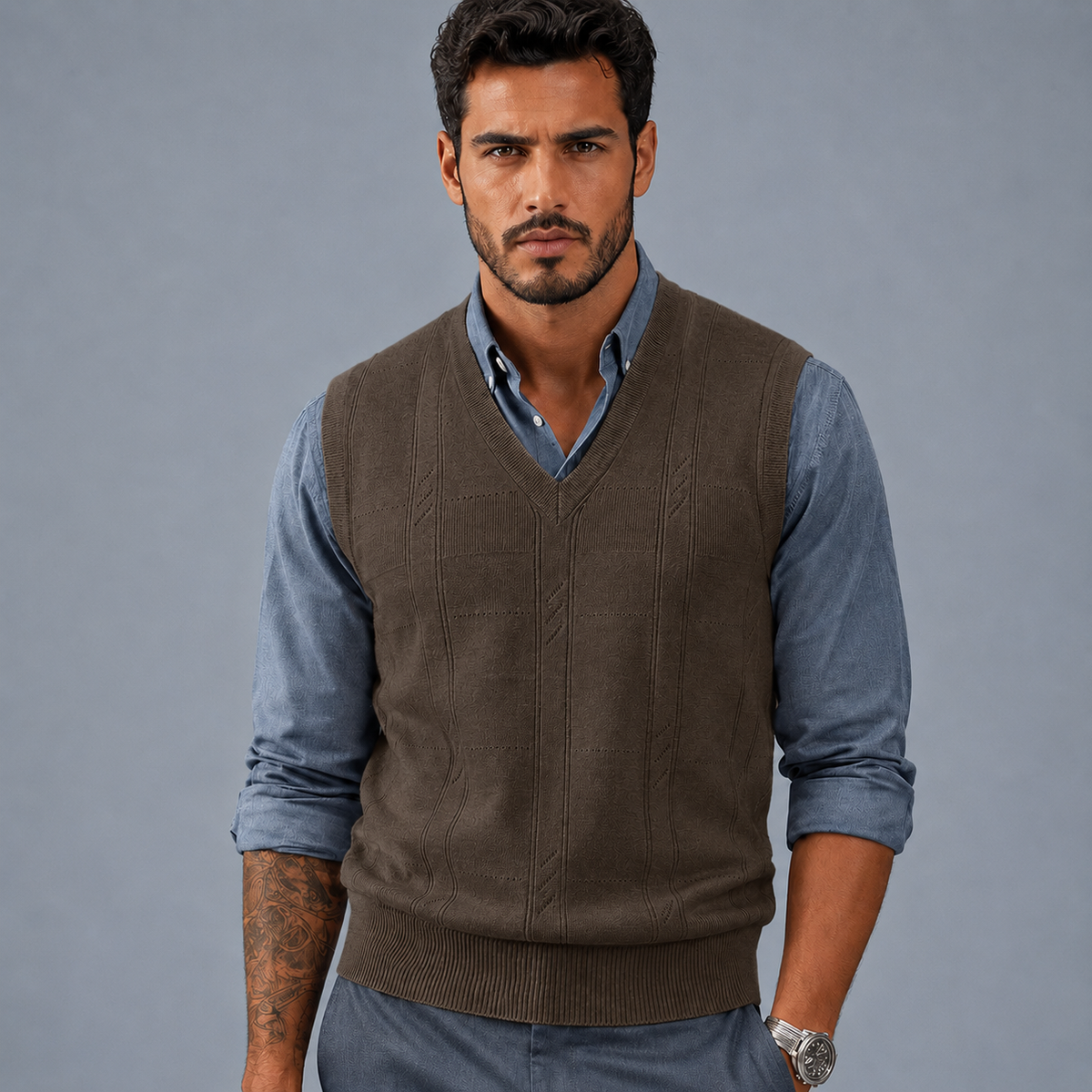 Men's Cable Knit V-Neck Sleeveless Jumper Vest Black Canvas