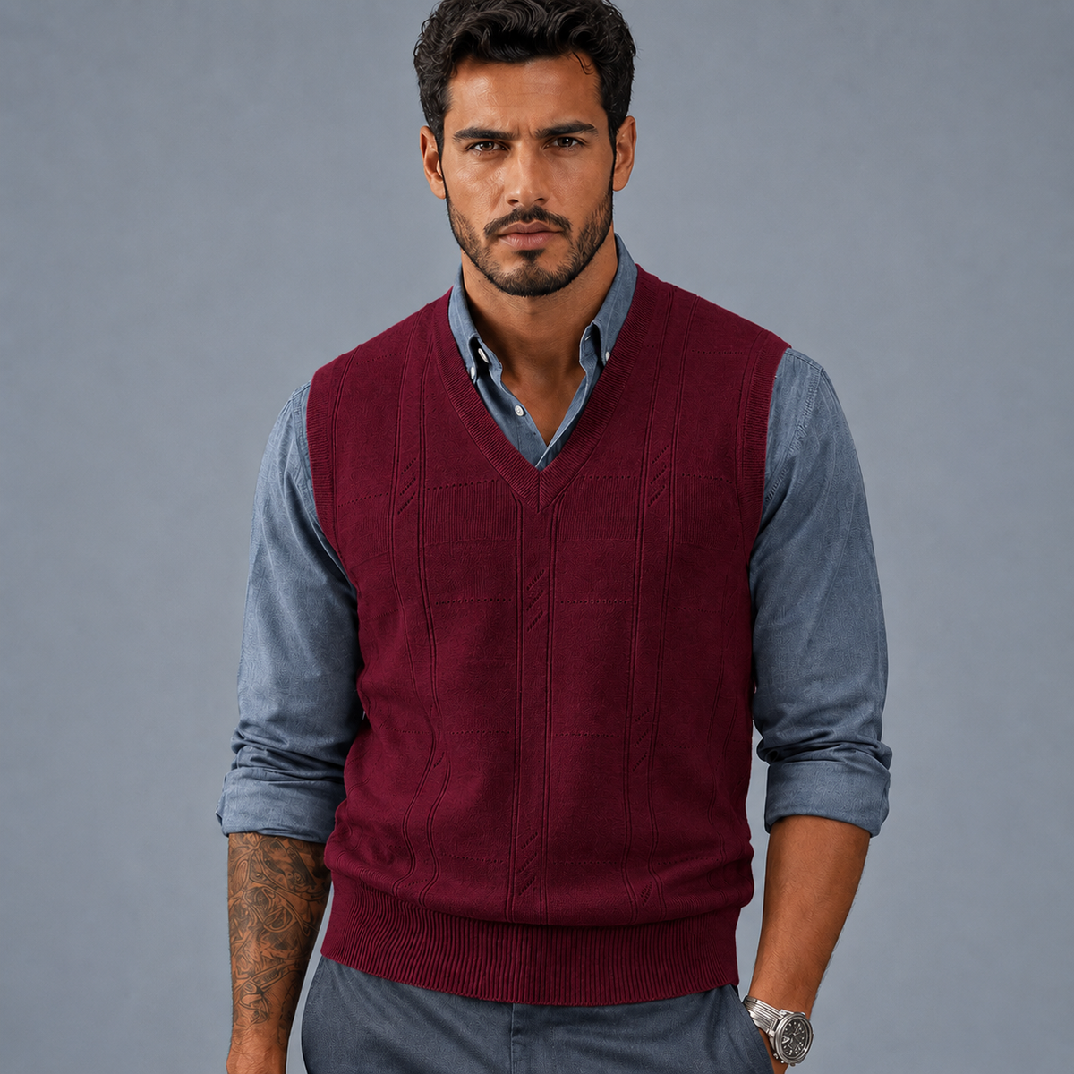 Men's Cable Knit V-Neck Sleeveless Jumper Vest Black Canvas
