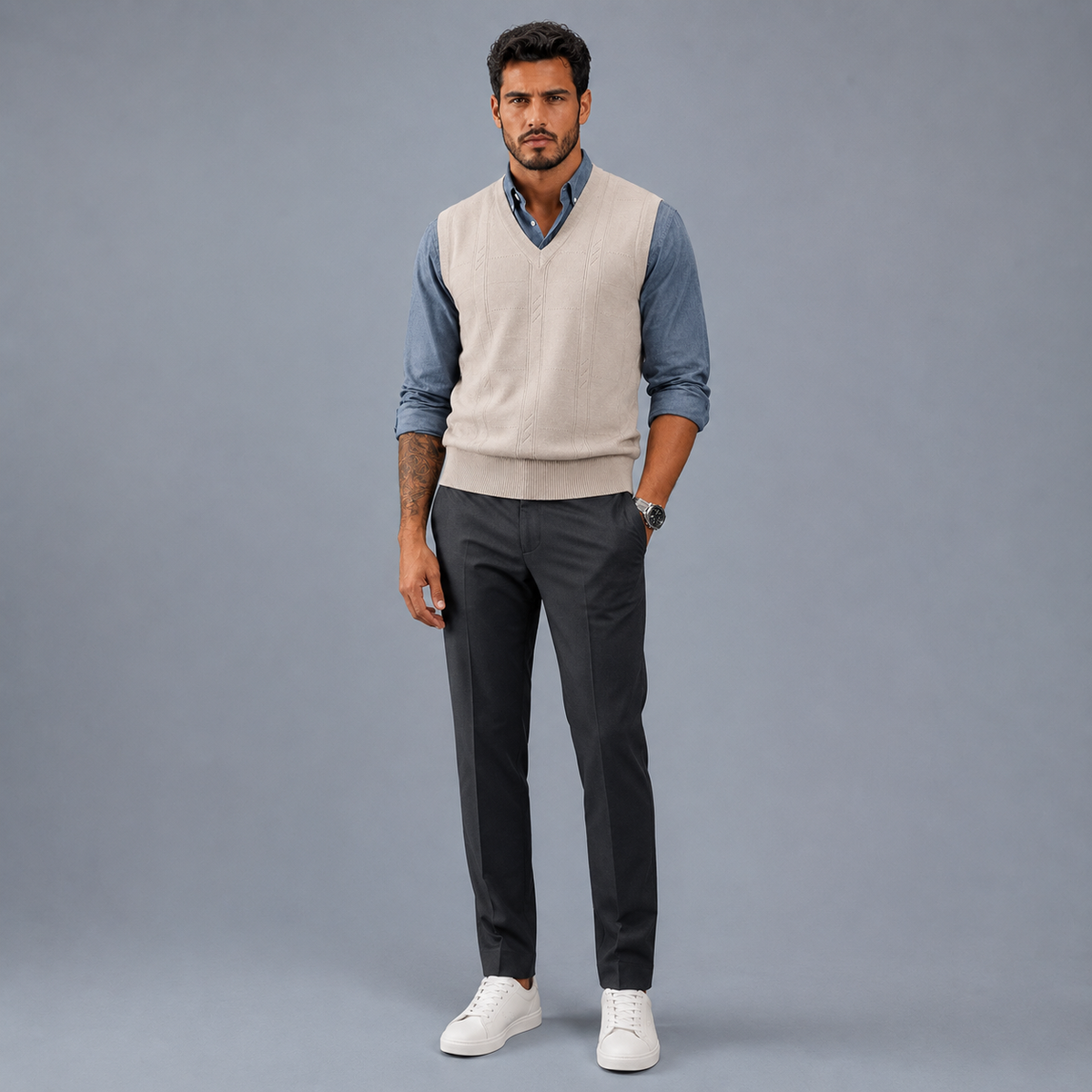 Men's Cable Knit V-Neck Sleeveless Jumper Vest Black Canvas