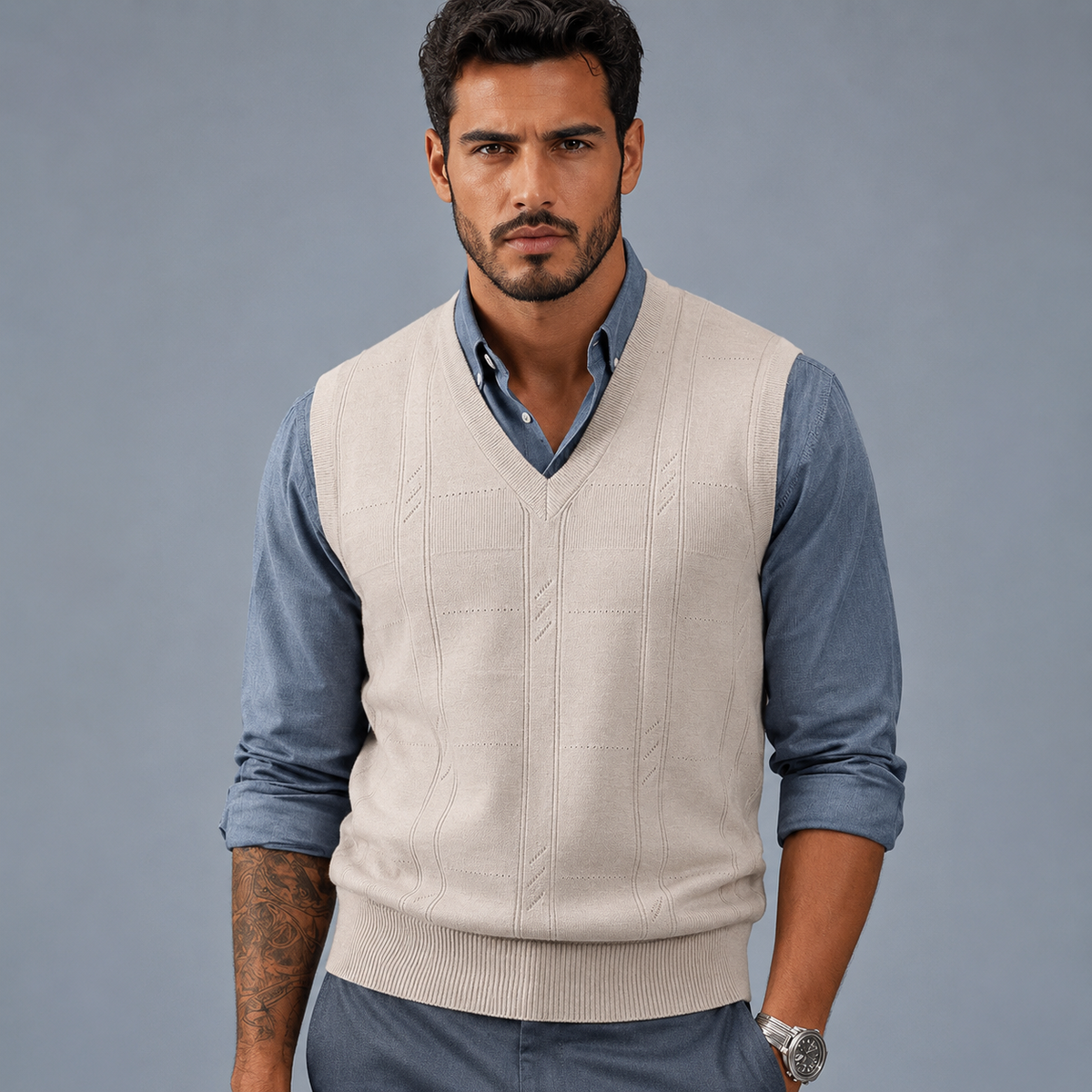 Men's Cable Knit V-Neck Sleeveless Jumper Vest Black Canvas