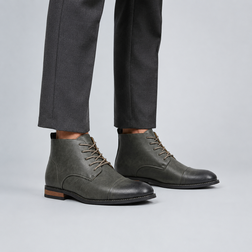 Men's Comfort Leather Ankle Boots Black Canvas