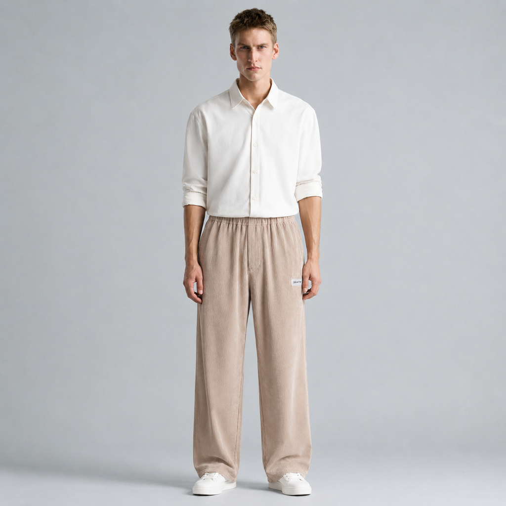 Men's Corduroy Drawstring Relaxed Fit Trousers Black Canvas