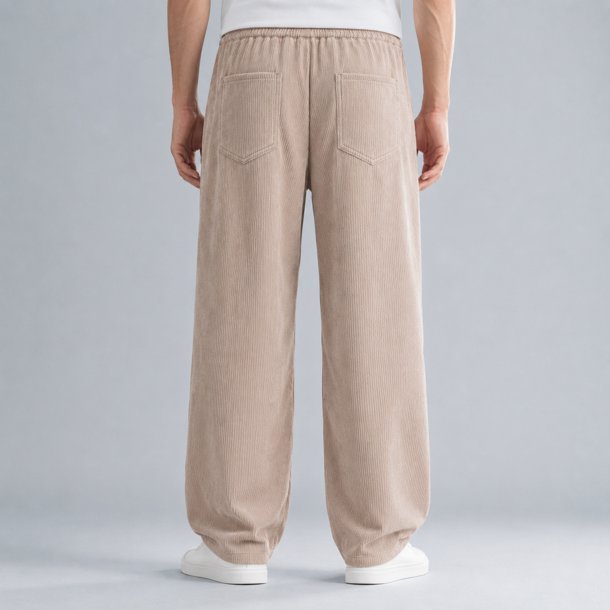 Men's Corduroy Drawstring Relaxed Fit Trousers Black Canvas