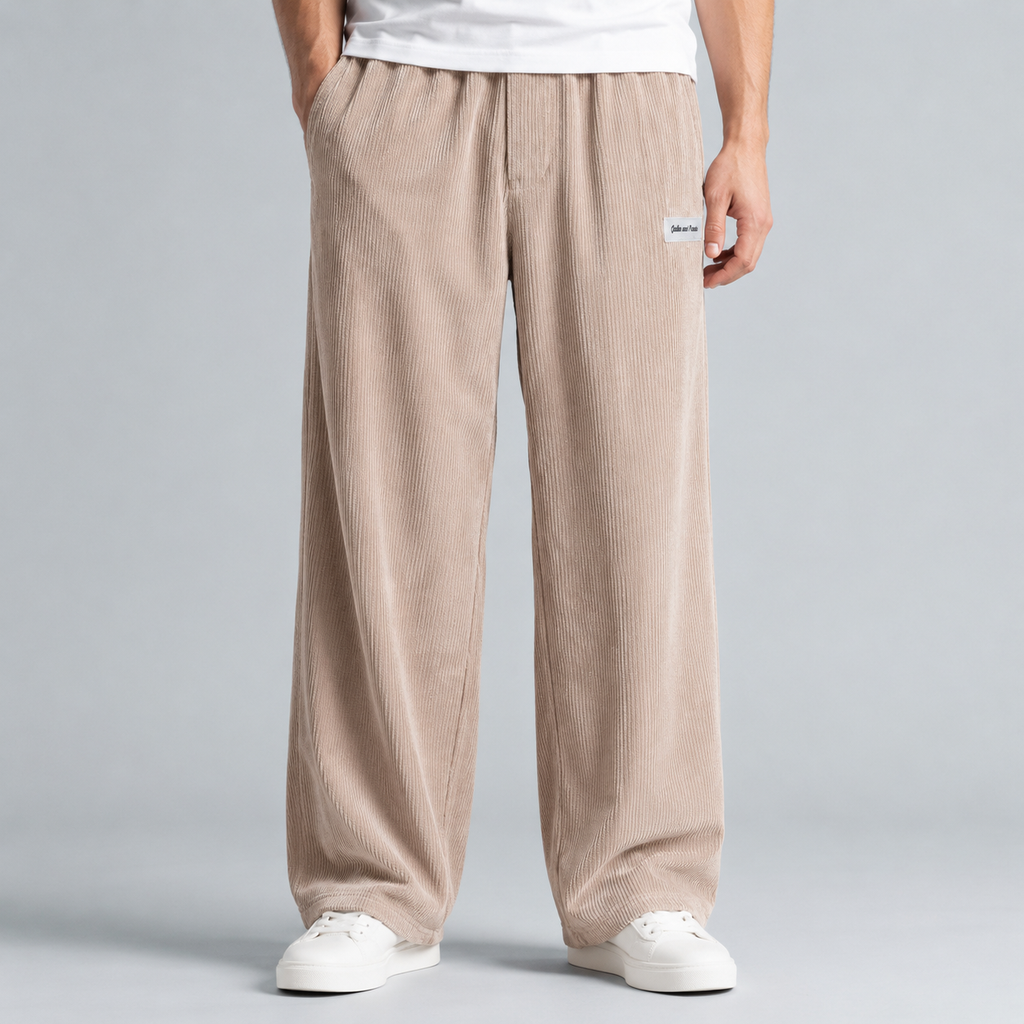 Men's Corduroy Drawstring Relaxed Fit Trousers Black Canvas