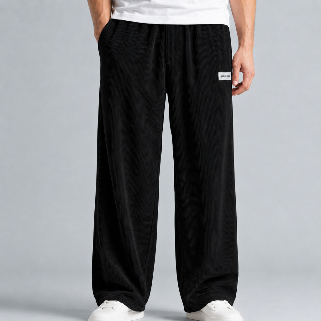 Men's Corduroy Drawstring Relaxed Fit Trousers Black Canvas