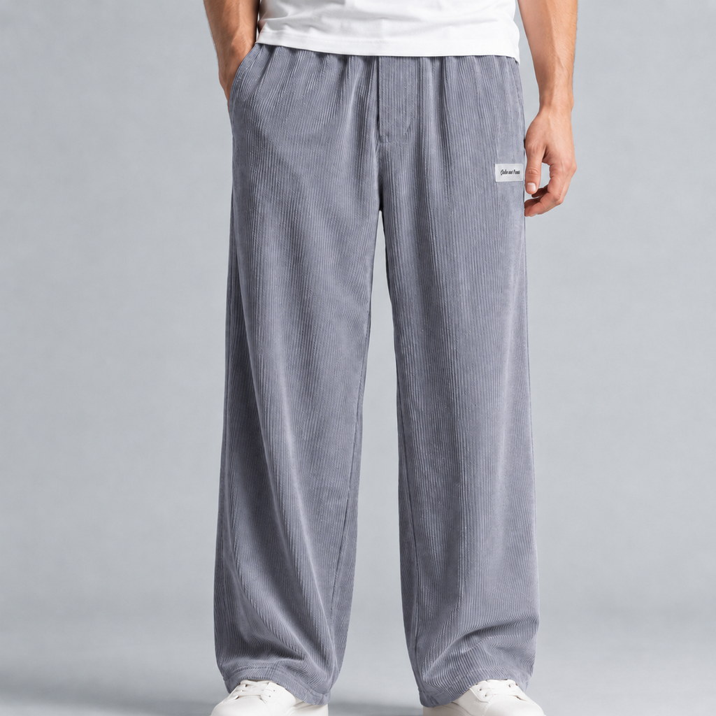 Men's Corduroy Drawstring Relaxed Fit Trousers Black Canvas