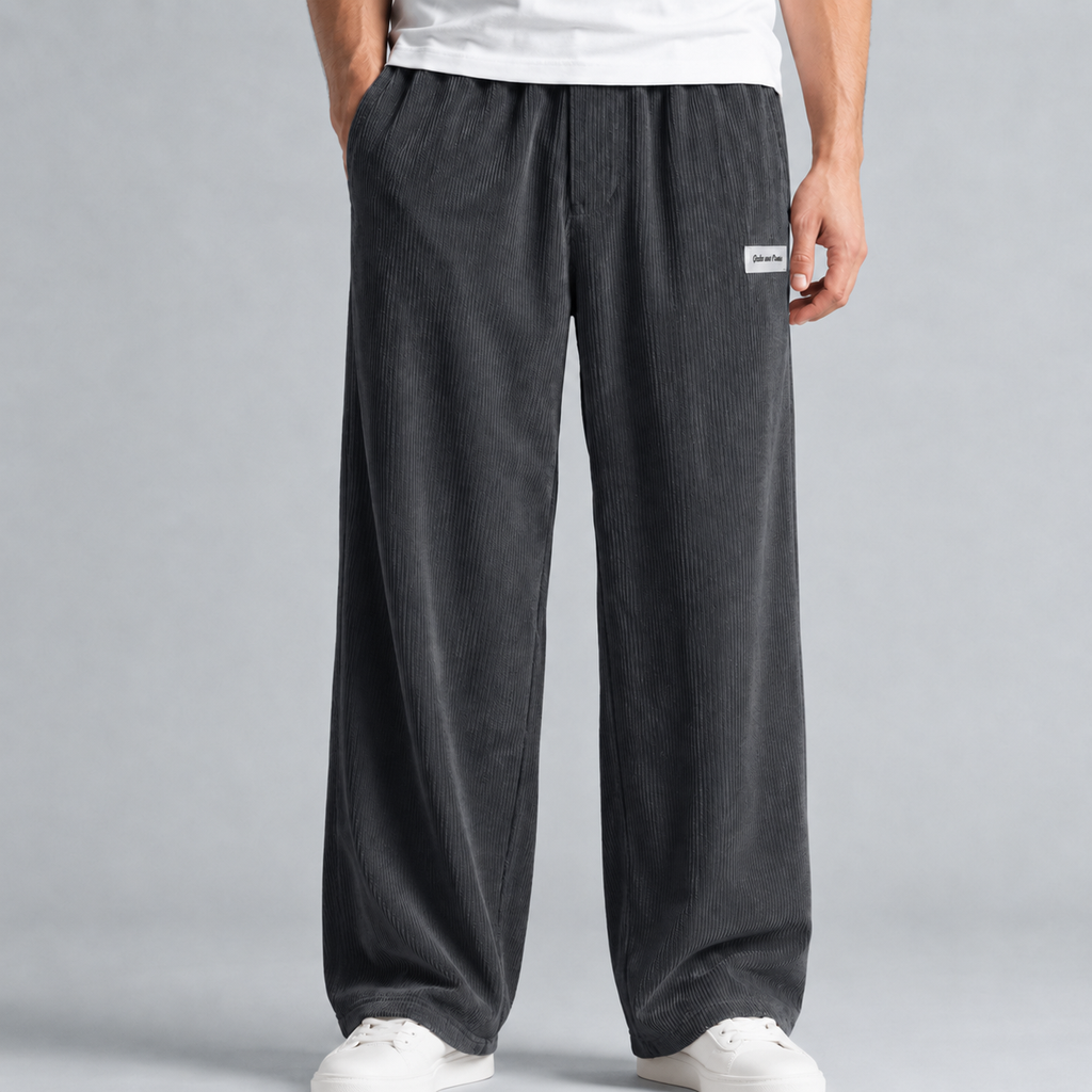 Men's Corduroy Drawstring Relaxed Fit Trousers Black Canvas