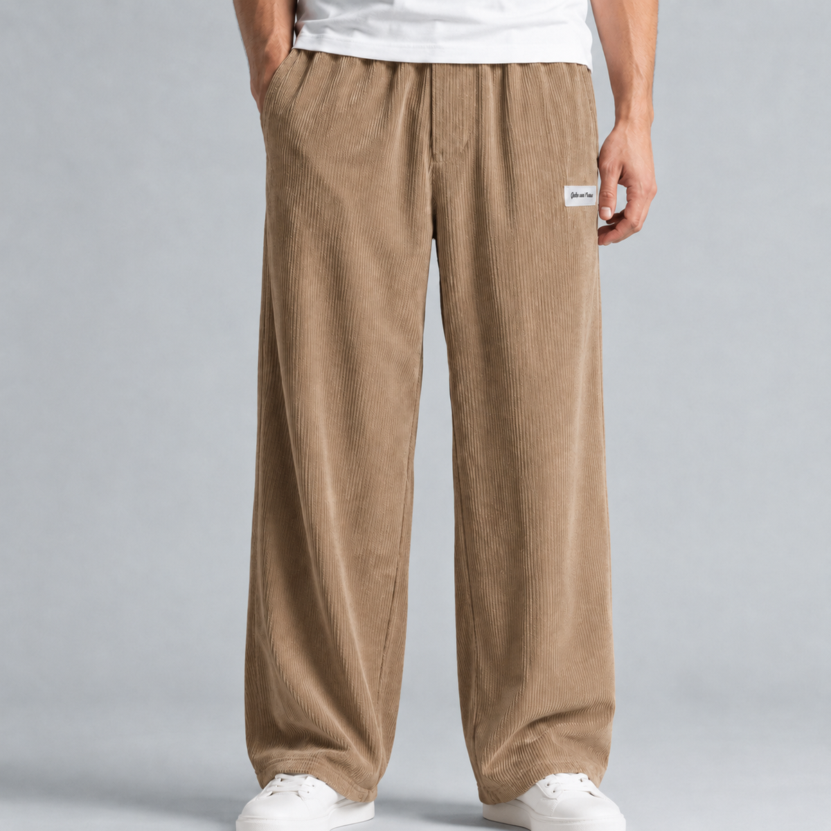 Men's Corduroy Drawstring Relaxed Fit Trousers Black Canvas