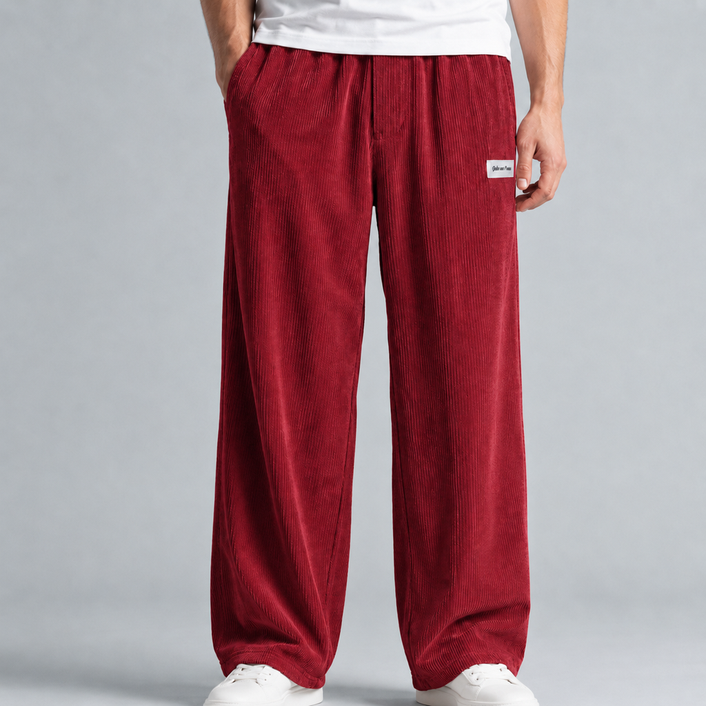 Men's Corduroy Drawstring Relaxed Fit Trousers Black Canvas