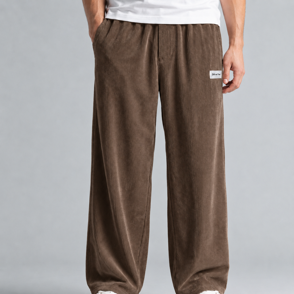Men's Corduroy Drawstring Relaxed Fit Trousers Black Canvas
