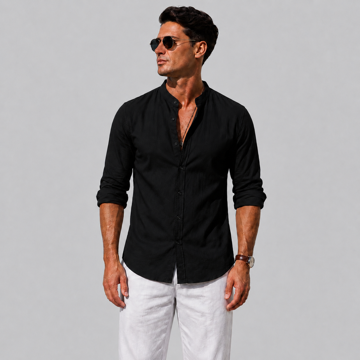 Men's Cotton Button-Down Long Sleeve Shirt Black Canvas