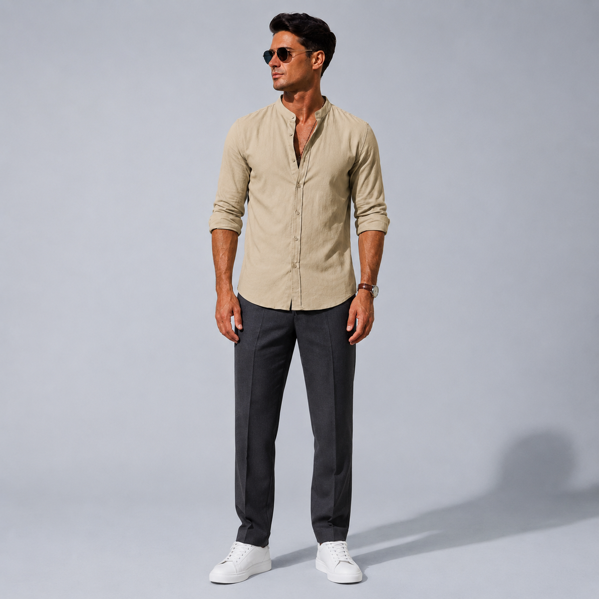Men's Cotton Button-Down Long Sleeve Shirt Black Canvas