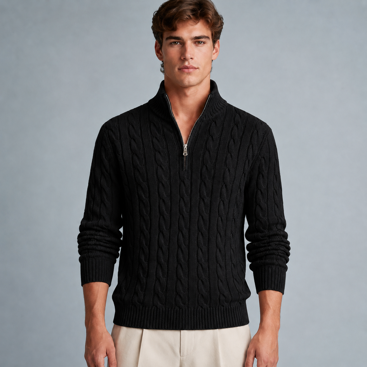 Men's Cotton Cable Knit Zip Turtleneck Jumper Black Canvas