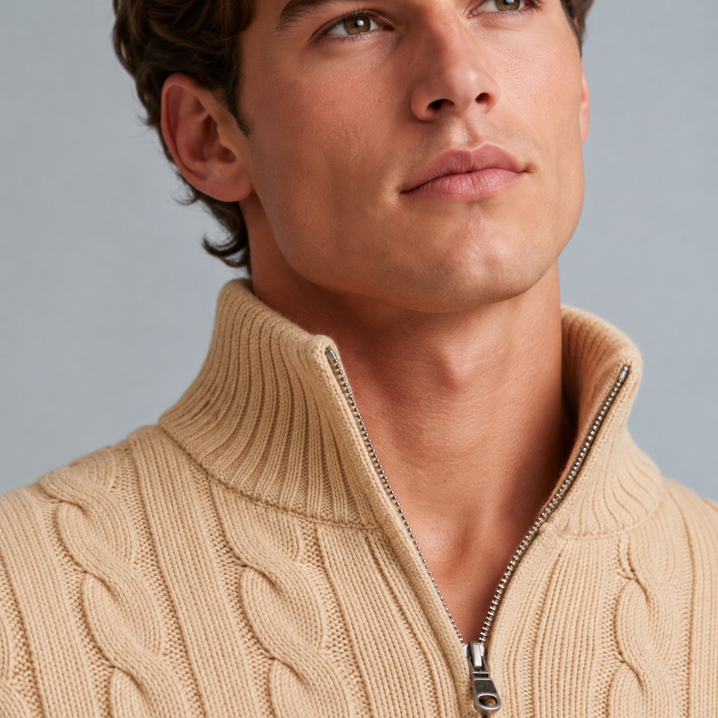 Men's Cotton Cable Knit Zip Turtleneck Jumper Black Canvas