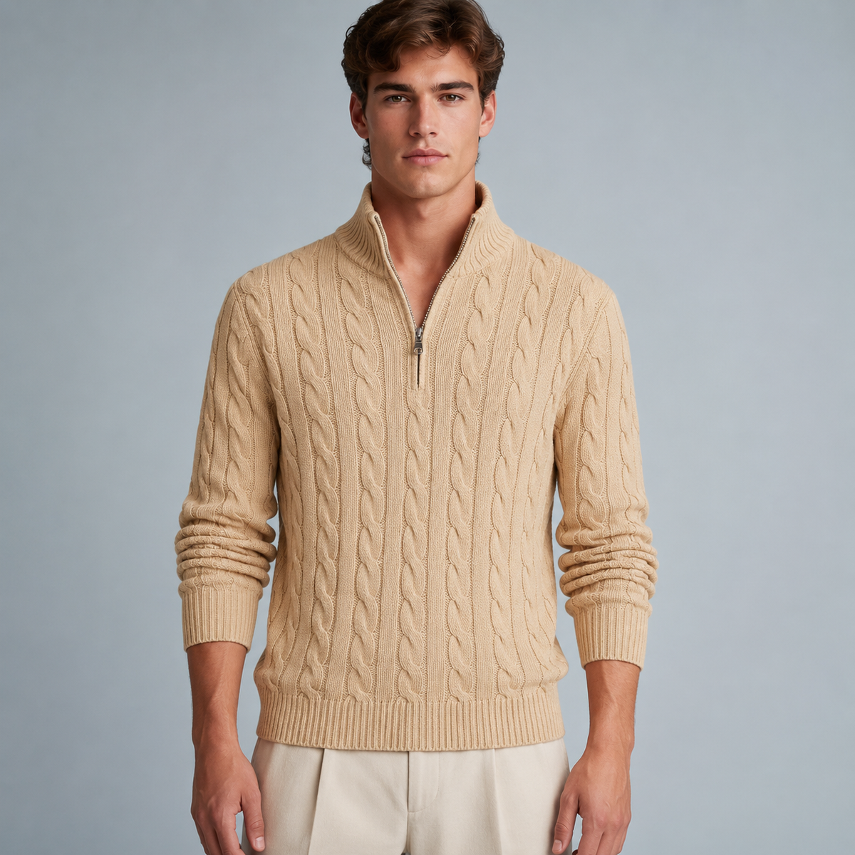 Men's Cotton Cable Knit Zip Turtleneck Jumper Black Canvas